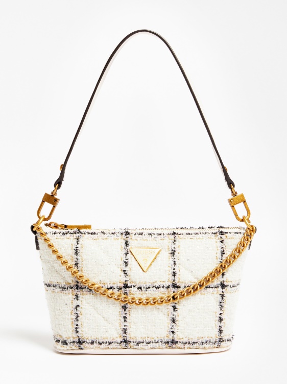 Guess Cessily мини чанта от туид бяла мулти