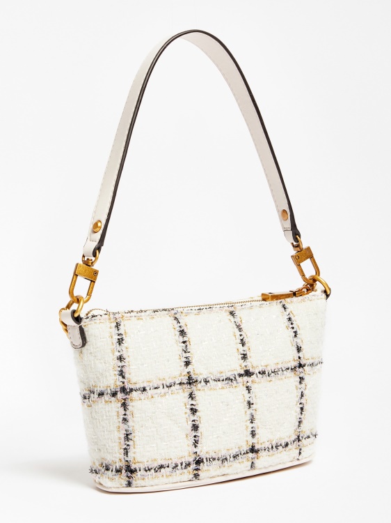 Guess Cessily мини чанта от туид бяла мулти