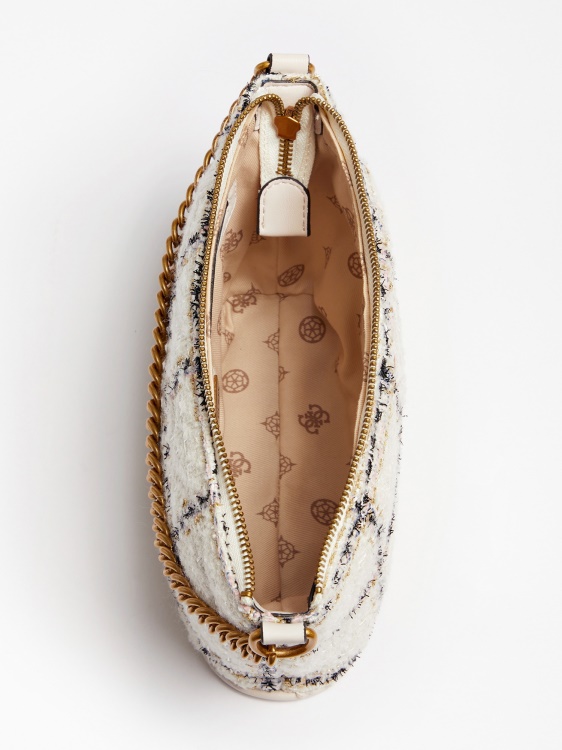Guess Cessily мини чанта от туид бяла мулти
