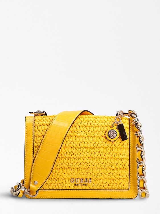 Guess Abey рафия мини чанта през рамо жълто