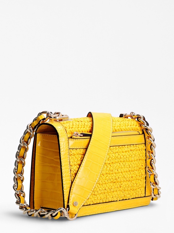 Guess Abey рафия мини чанта през рамо жълто