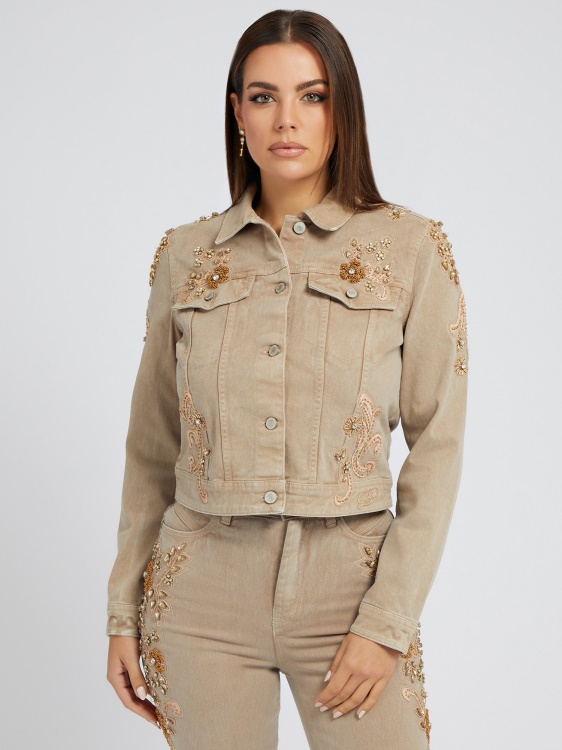 дънково яке с флорална бродерия Guess бежово