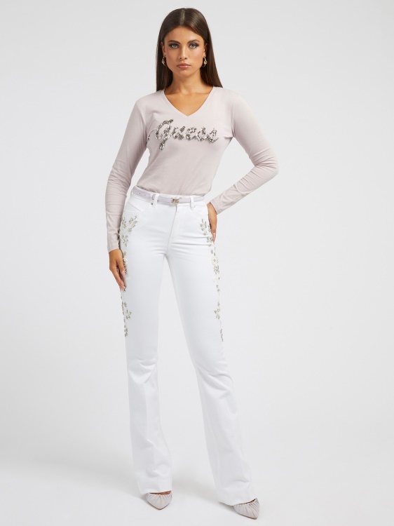 тениска с лого на кристали Guess сива