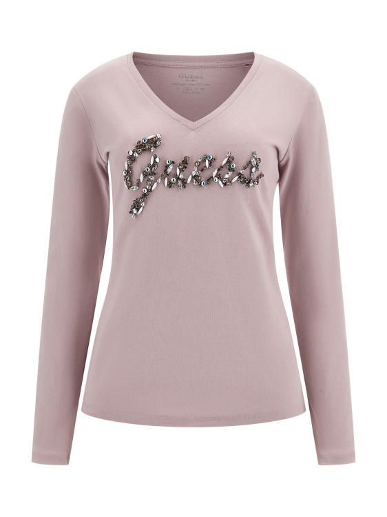 тениска с лого на кристали Guess сива