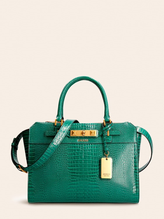 зелена дамска чанта Guess Raffie с крокодил