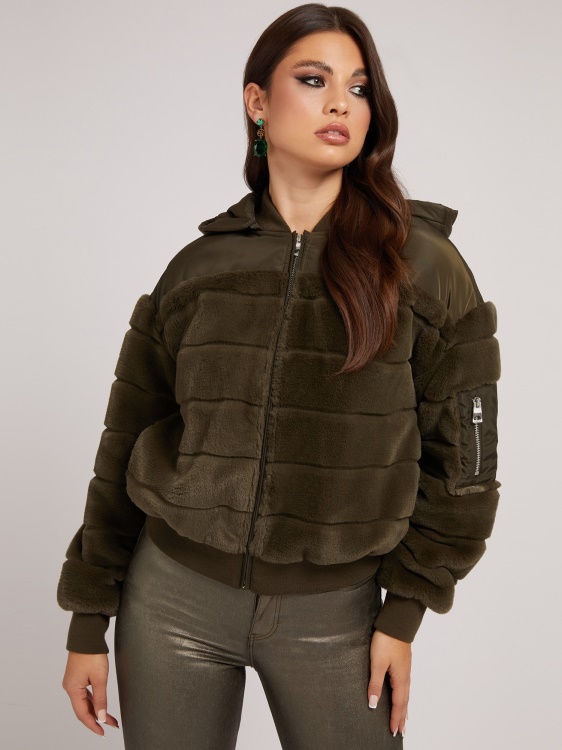 Guess найлонов бомбардивач с изкуствена кожа зелен мулти