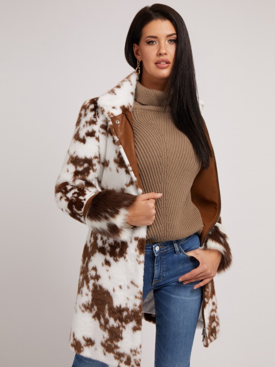 бяло мулти изкуствена кожа животинско палто Guess