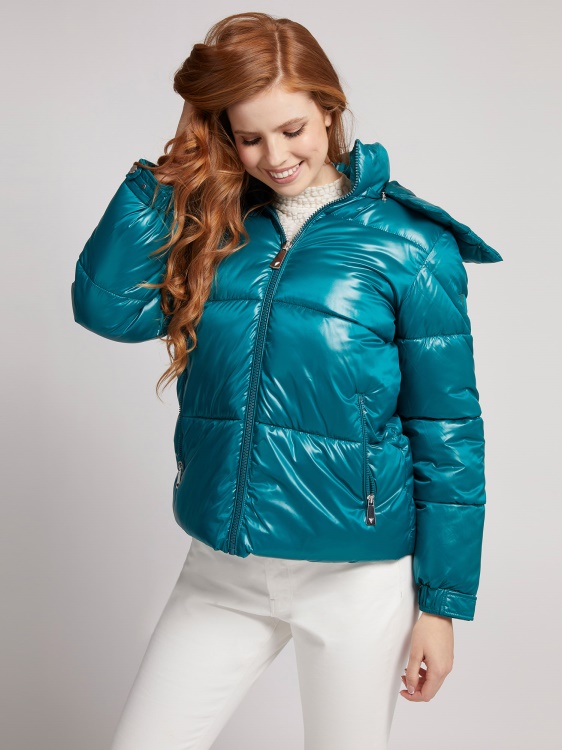 подплатено пухено яке с качулка Guess зелено