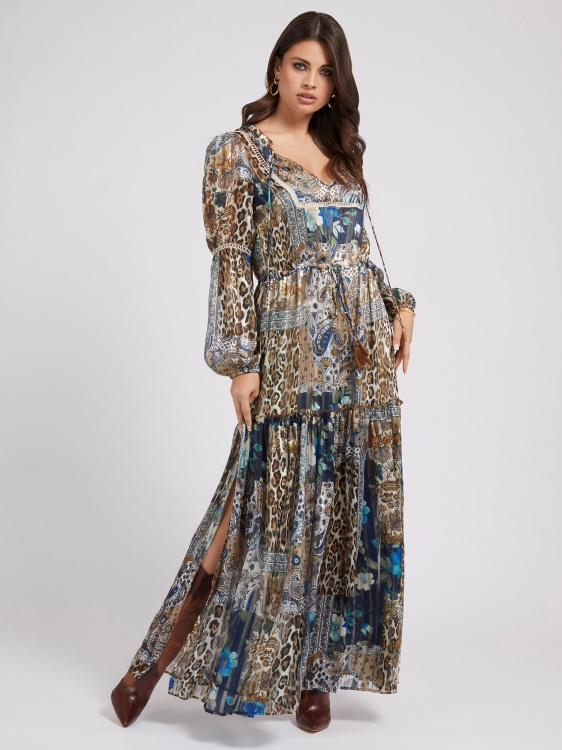 дълга рокля с цял принт Guess Blue Multi