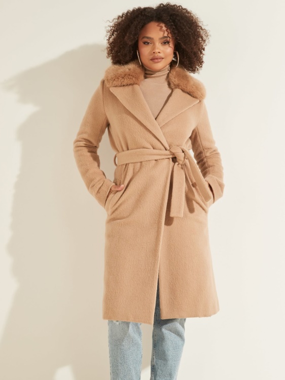 палто с колан от вълнена смес Guess