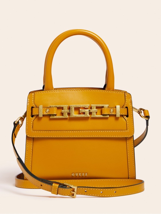 мини чанта Cristina от естествена кожа, жълто Guess