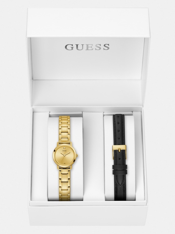 кутия за часовник Guess от естествена кожа и стомана сребро