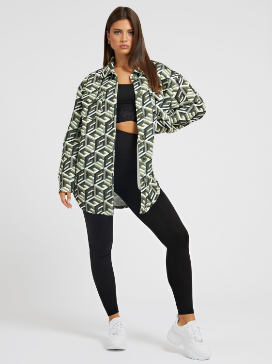 зелена рокля Guess All Over G Cube Logo Scuba Shirt