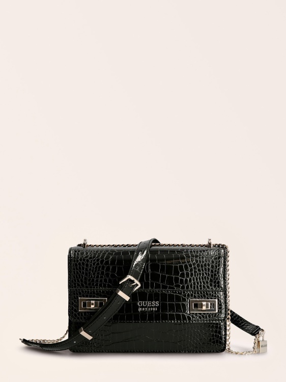 мини чанта за през рамо Katey Croc Print Black Guess