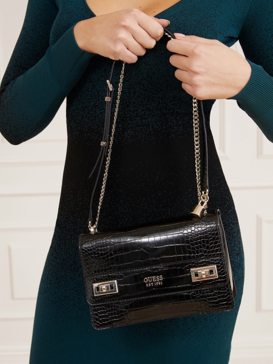 мини чанта за през рамо Katey Croc Print Black Guess
