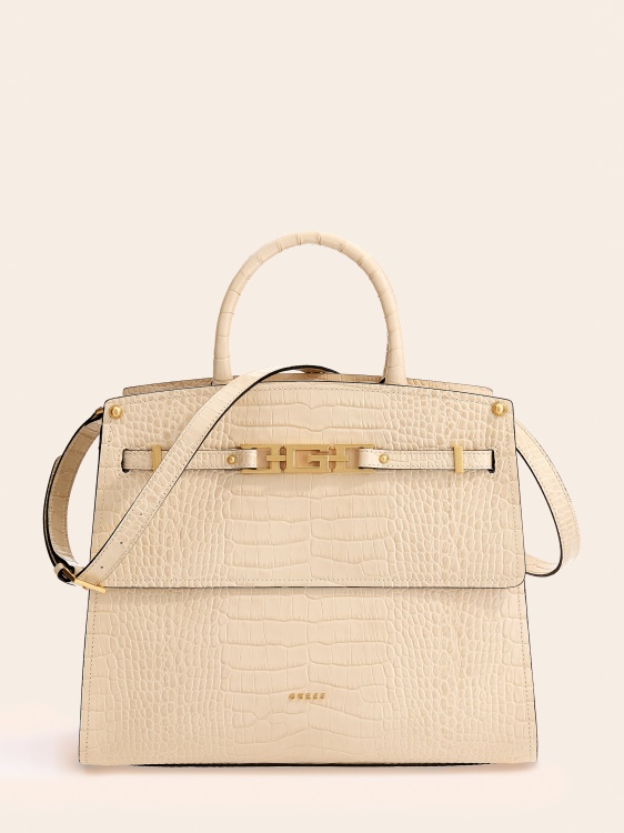 Дамска чанта Cristina от естествена кожа бяла Guess