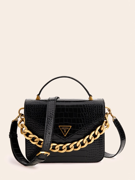 мини чанта Guess Retour Croc Print черна