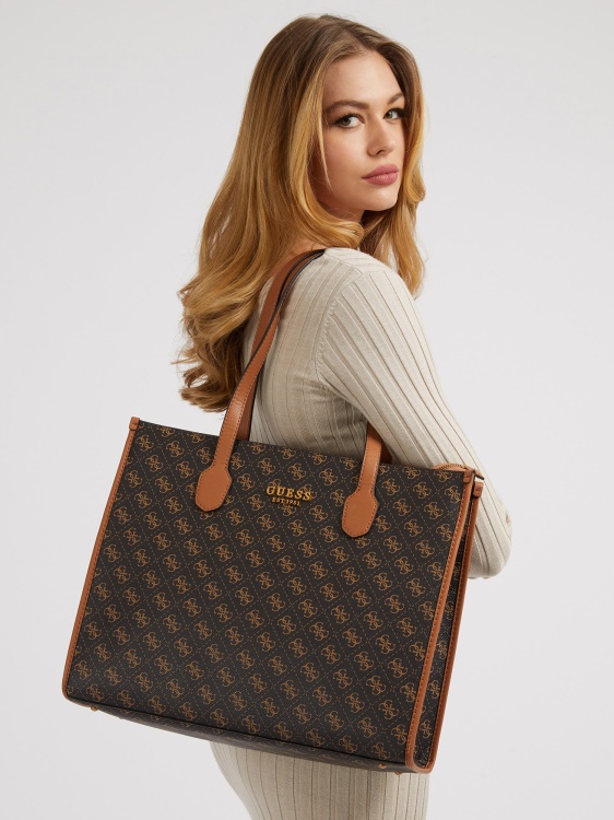 кафява чанта през рамо Guess Silvana 4g с лого