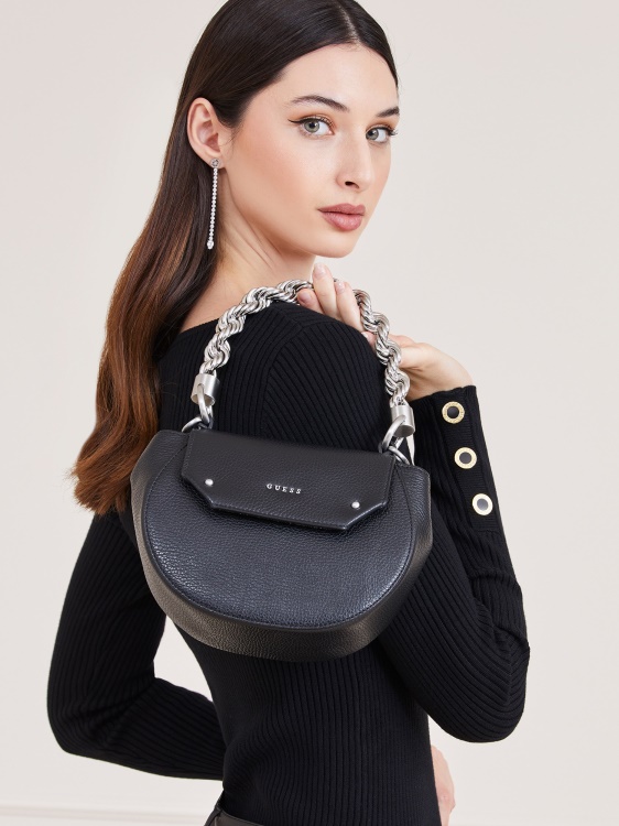 Мини чанта Aida от естествена кожа Guess черна