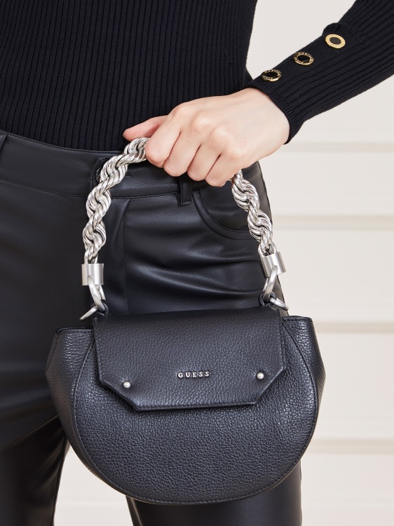 Мини чанта Aida от естествена кожа Guess черна