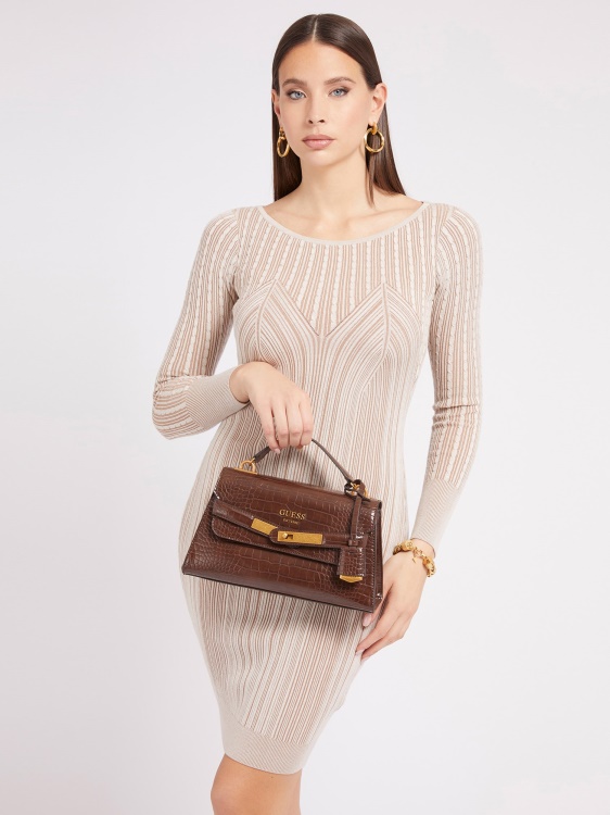 кафява дамска чанта с крокодилна щампа Guess