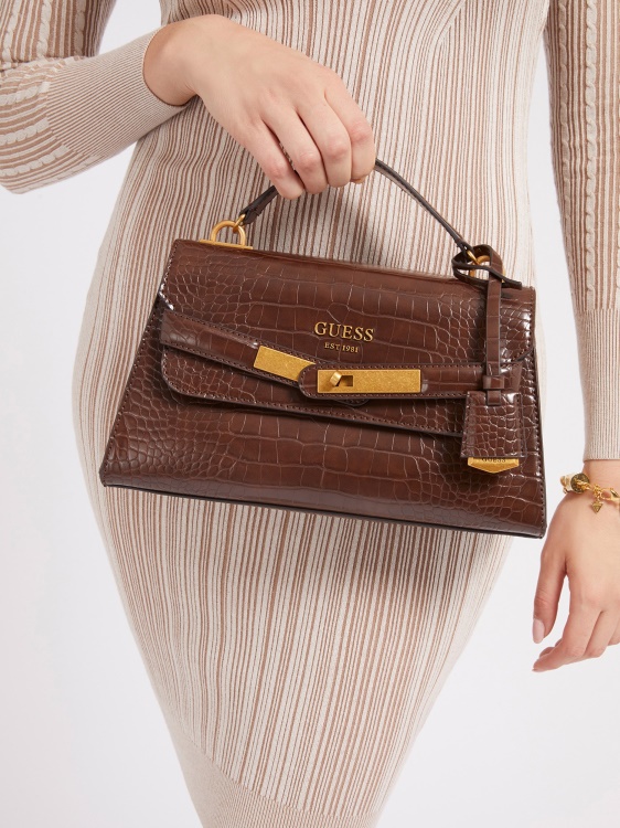 кафява дамска чанта с крокодилна щампа Guess