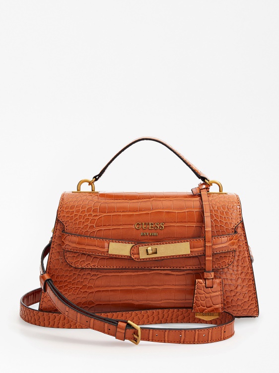 кафява дамска чанта Guess Enisa с крокодил