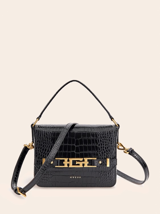 черна чанта през рамо от истинска кожа Guess Cristina