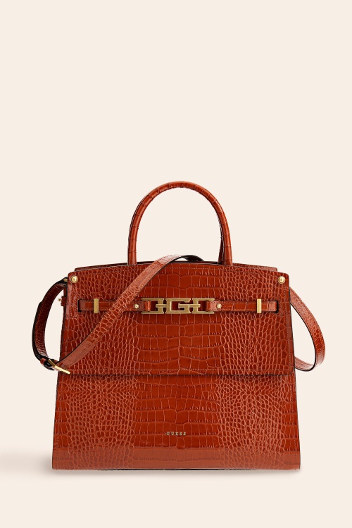кафява дамска чанта Guess Cristina от истинска кожа