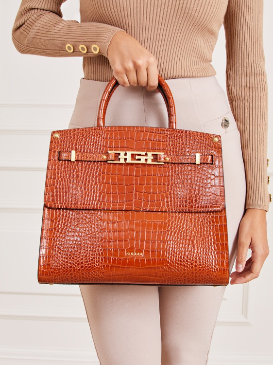 кафява дамска чанта Guess Cristina от истинска кожа