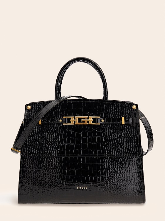 Дамска чанта Cristina от естествена кожа Guess черна