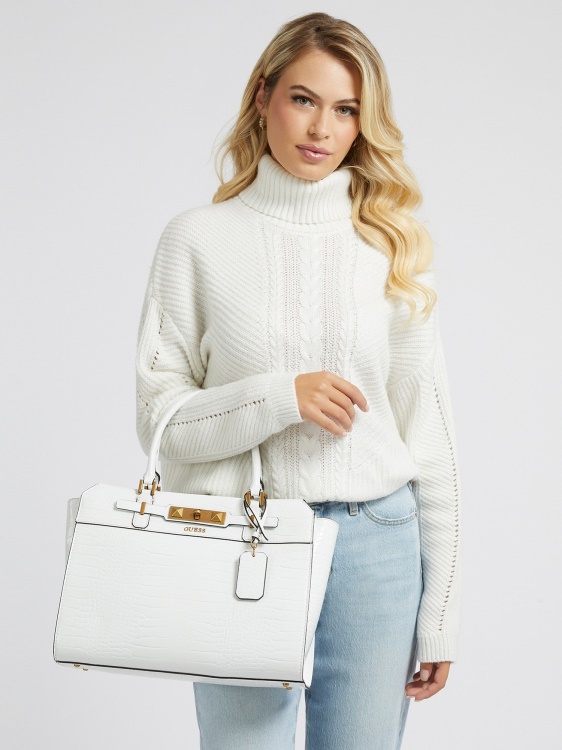 бяла дамска чанта Guess Raffie Croc Print