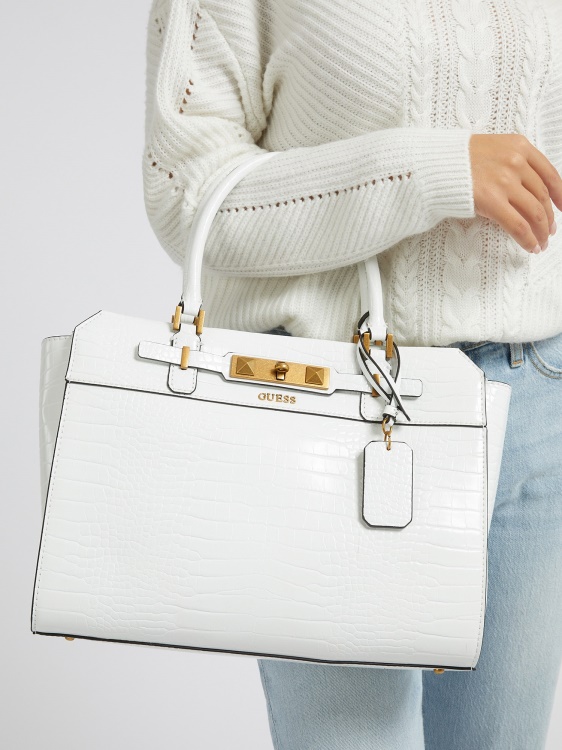 бяла дамска чанта Guess Raffie Croc Print