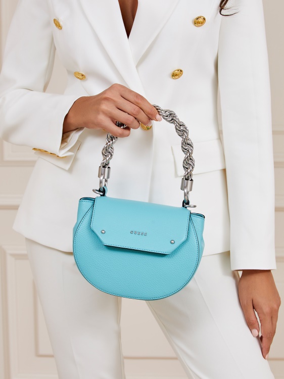мини чанта Aida от естествена кожа син Guess