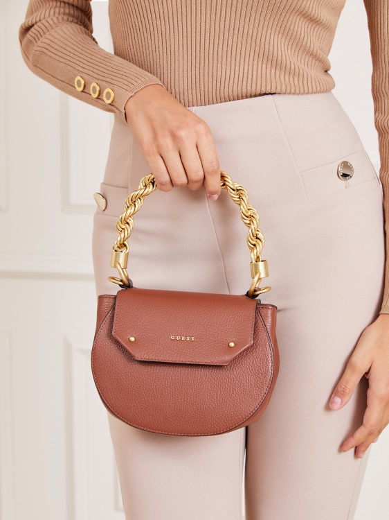 кафява мини чанта от естествена кожа Aida Guess