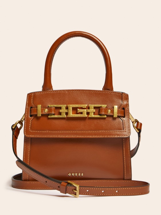 мини чанта Cristina от естествена кожа сиво Guess