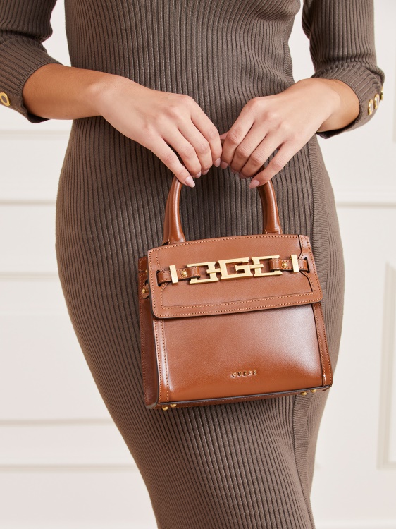 мини чанта Cristina от естествена кожа сиво Guess