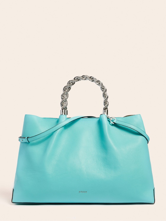 Дамска чанта Aida от естествена кожа синьо Guess