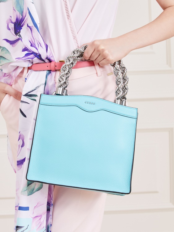 синя мини чанта от естествена кожа Aida Guess