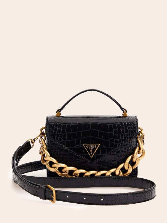 Guess Retour микро чанта с крокодилна щампа черна