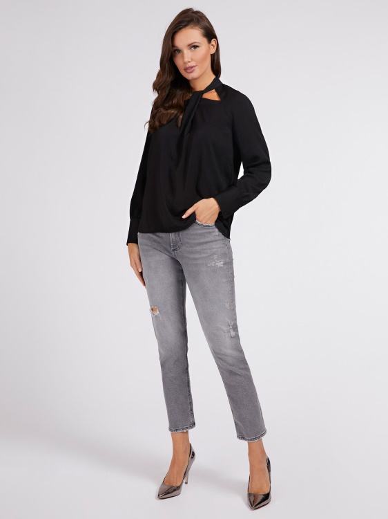 черна сатенена блуза с драпирана дръжка