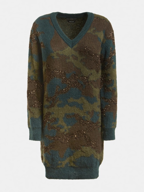 камуфлаж Guess камуфлажна рокля от вълнена смес