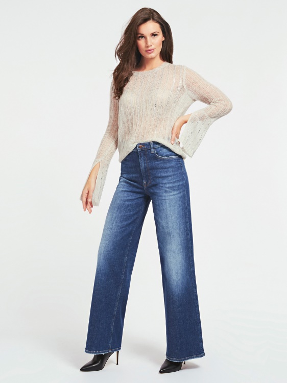 пуловер с деколте с кристали Guess сив мулти