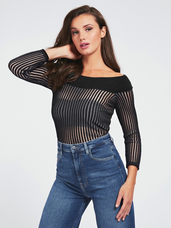 памучен пуловер с отворени рамена Guess Black