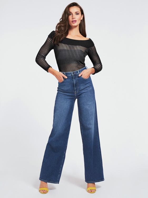 памучен пуловер с отворени рамена Guess Black