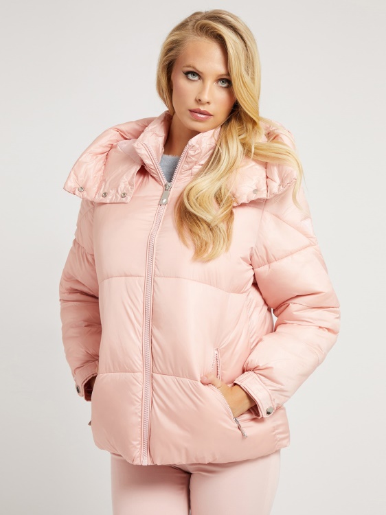 подплатено пухено яке с качулка Guess розово