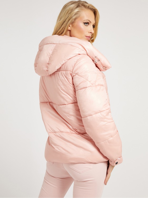 подплатено пухено яке с качулка Guess розово