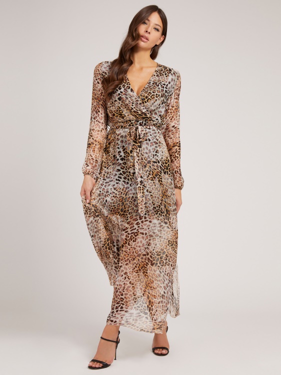 Animalier Guess дълга копринена рокля