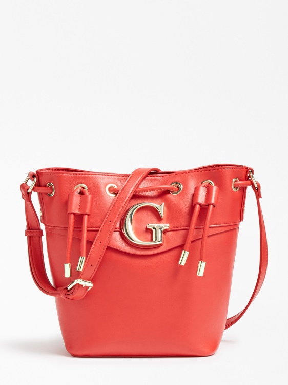 червена чанта Guess Genevieve Bucket Bag