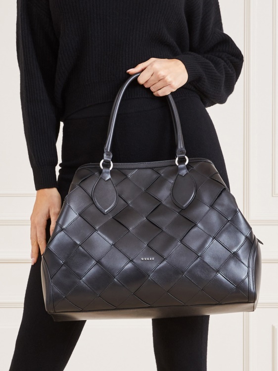 голяма луксозна черна чанта от истинска кожа Guess Giorgia